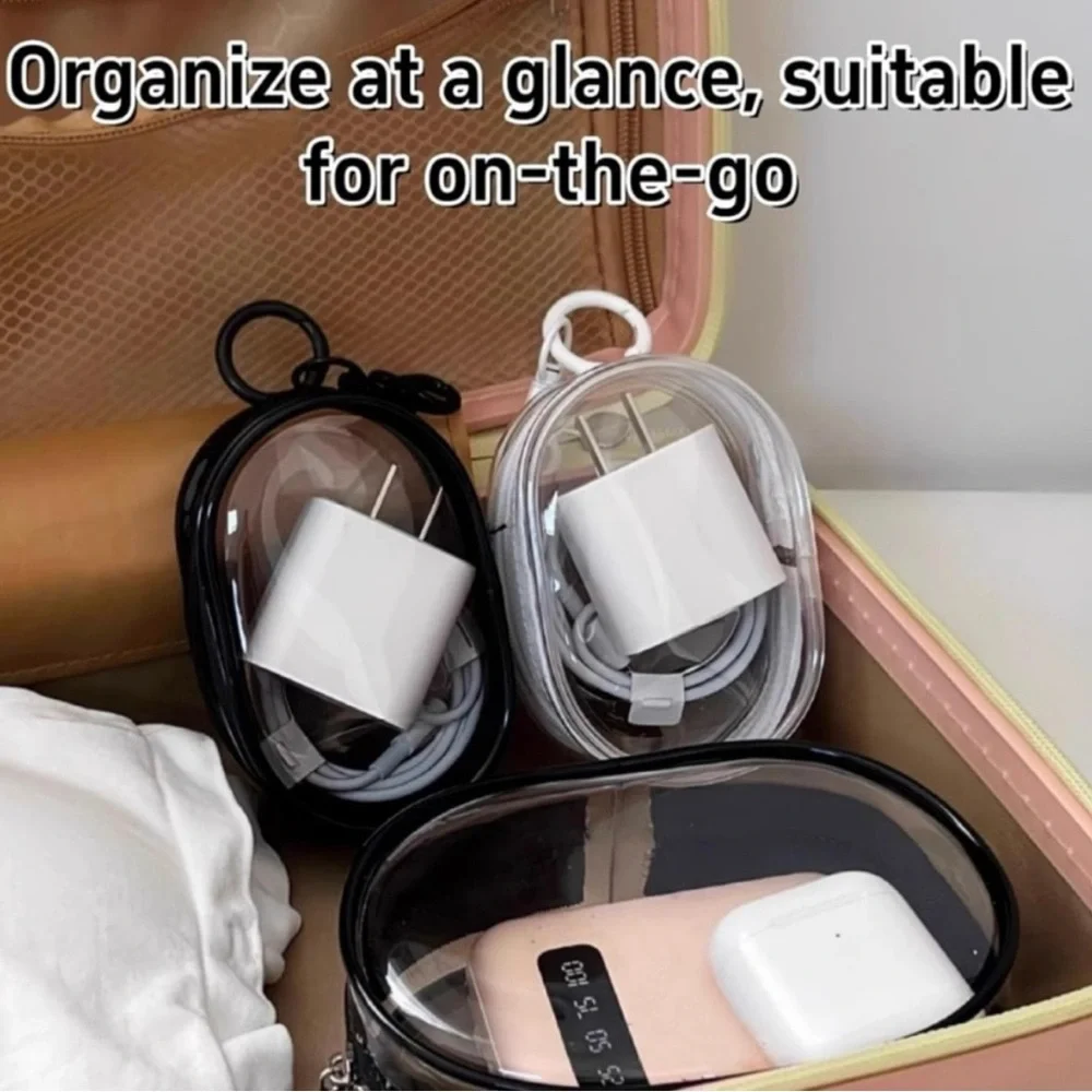 💞 New Small Black Transparent Keychain Charging Cable Storage Bag